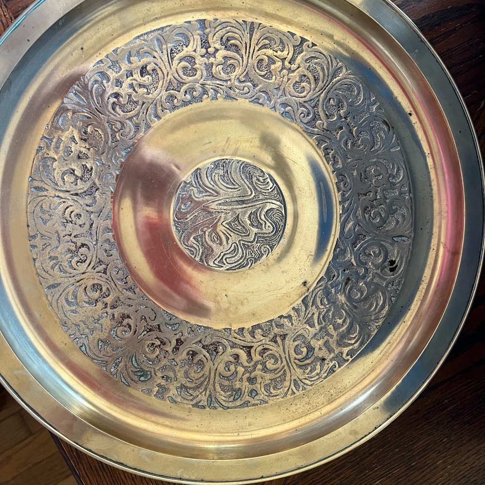 Solid  Brass Ornate Pattern Engraved Decorative Tray Vintage Collectible